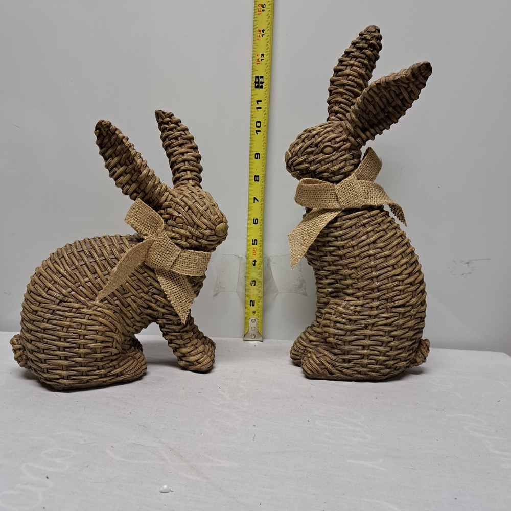 Woven Rattan Bunny Pair in Natural Brown with Burlap Bows